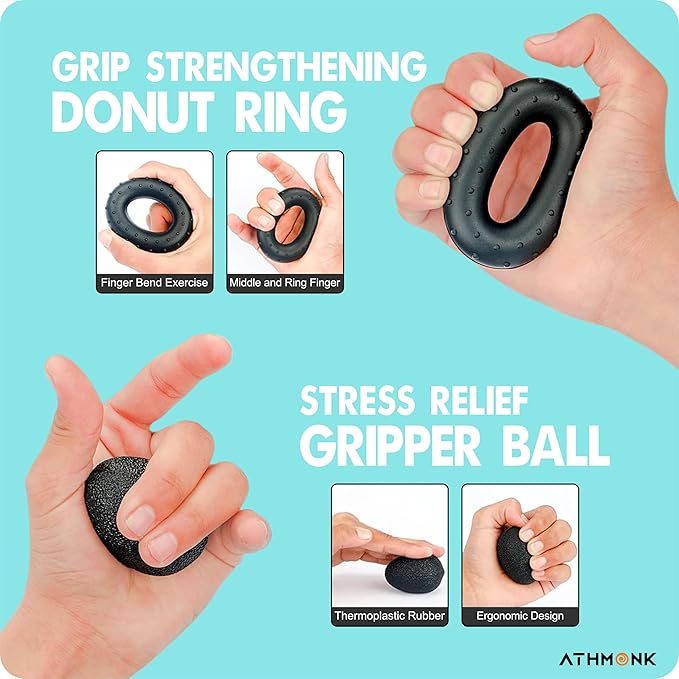 Athmonk Hand Gripper Kit - Hand Exercise Physiotherapy Equipments - Finger Strengthener & Stretcher - Stress Buster Gripper Ball - Adjustable Hand Gripper - Hand Grip Donut Ring - 5 Pcs Set